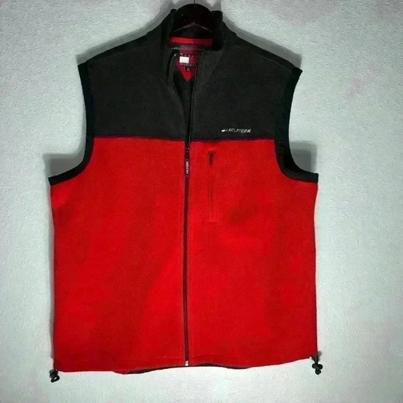 Vintage Tommy Hilfiger Fleece Zip Vest Black & Red Jacket / Size Medium - Picture 1 of 14